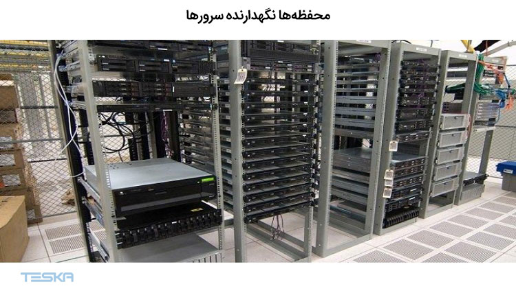 تصویری از محفظه‌ها نگهدارنده سرور‌ها در اتاق سرور
